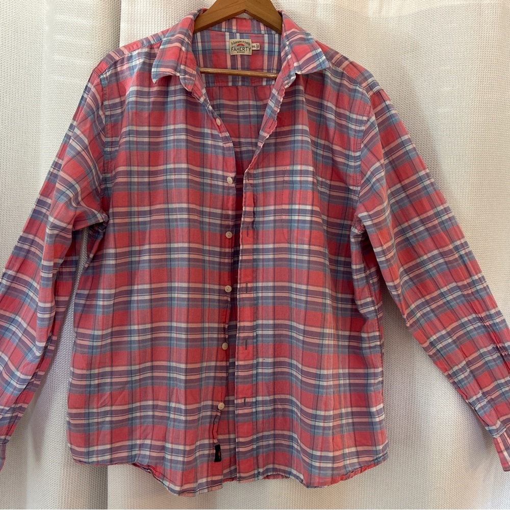 Faherty Brand XXL cotton Plaid Chambray Shirt Red